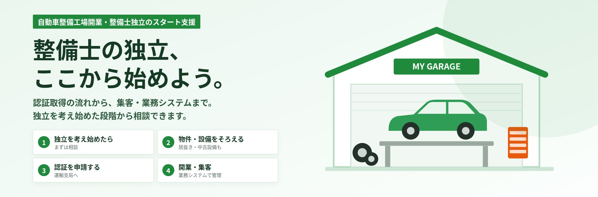 整備士の独立、ここから始めよう。自動車整備工場開業・整備士独立のスタート支援 認証取得の流れから、集客・業務システムまで。独立を考え始めた段階から相談できます。1 独立を考え始めたら まずは相談 2 物件・設備をそろえる 居抜き・中古設備も 3 認証を申請する 運輸支局へ 4 開業・集客 業務システムで管理